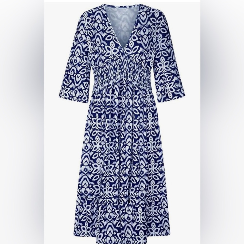Emily Charm Boho V-Neck Maxi Dress XL Navy/White NWOT LS Casual Shirred Waist